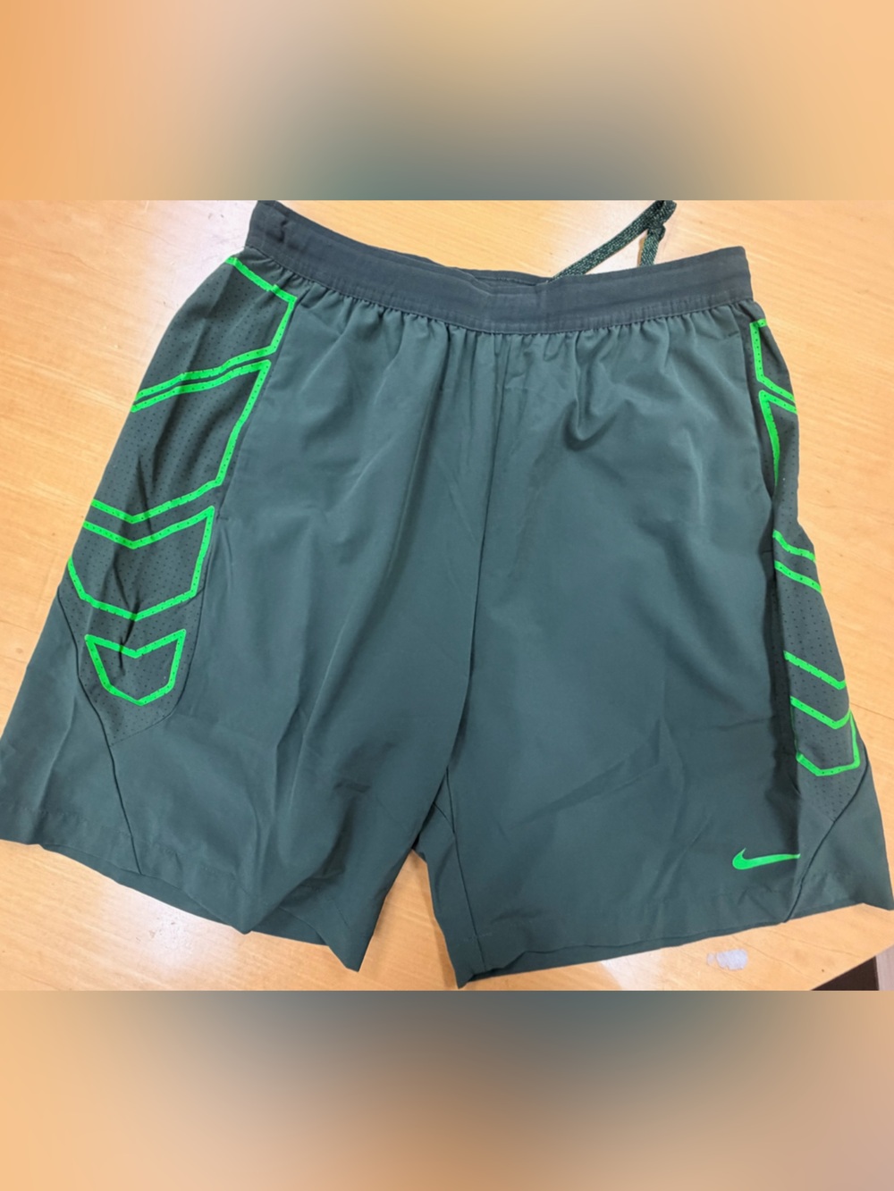 Nike Men’s Dark Green Athletic Shorts with Neon Green geometric Accents